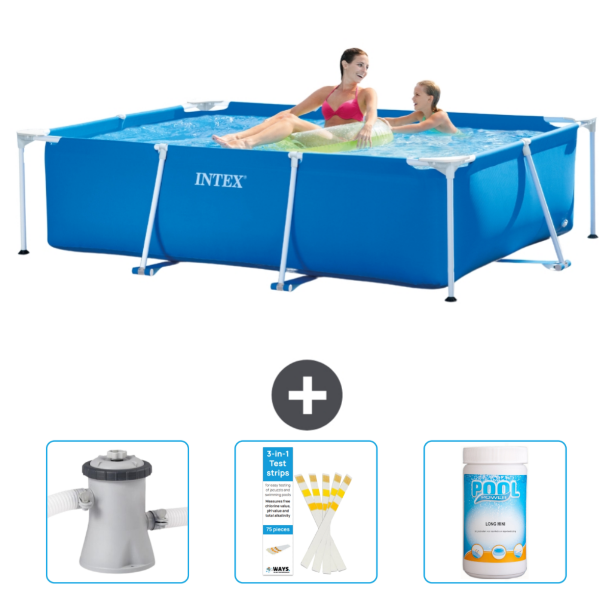 Two women in a blue rectangular Intex pool. Accessories include filter, strips, and pool chemicals.