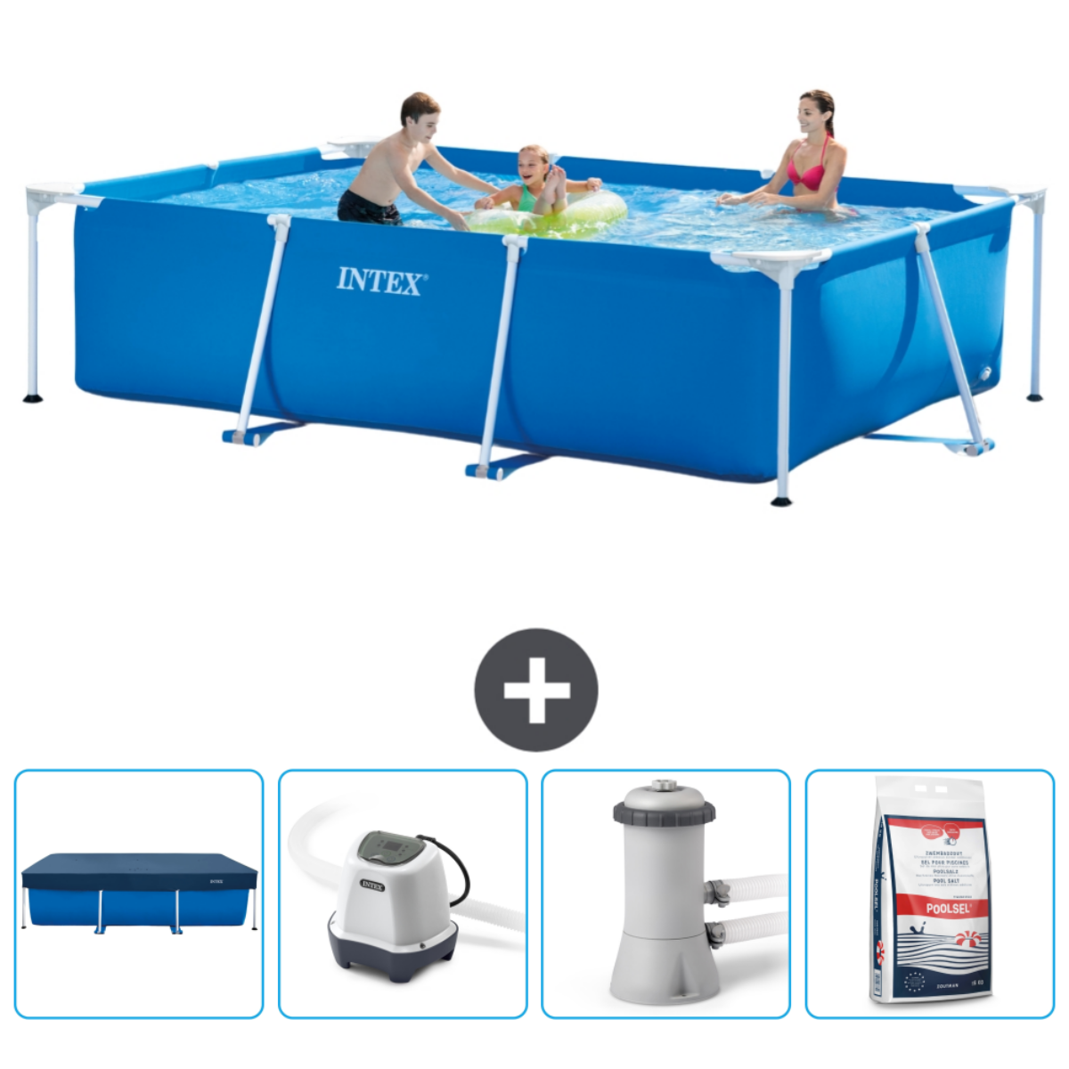 Blue pool with people and accessories. People in the pool. Plus sign. Cover, pump, and chemicals are shown.