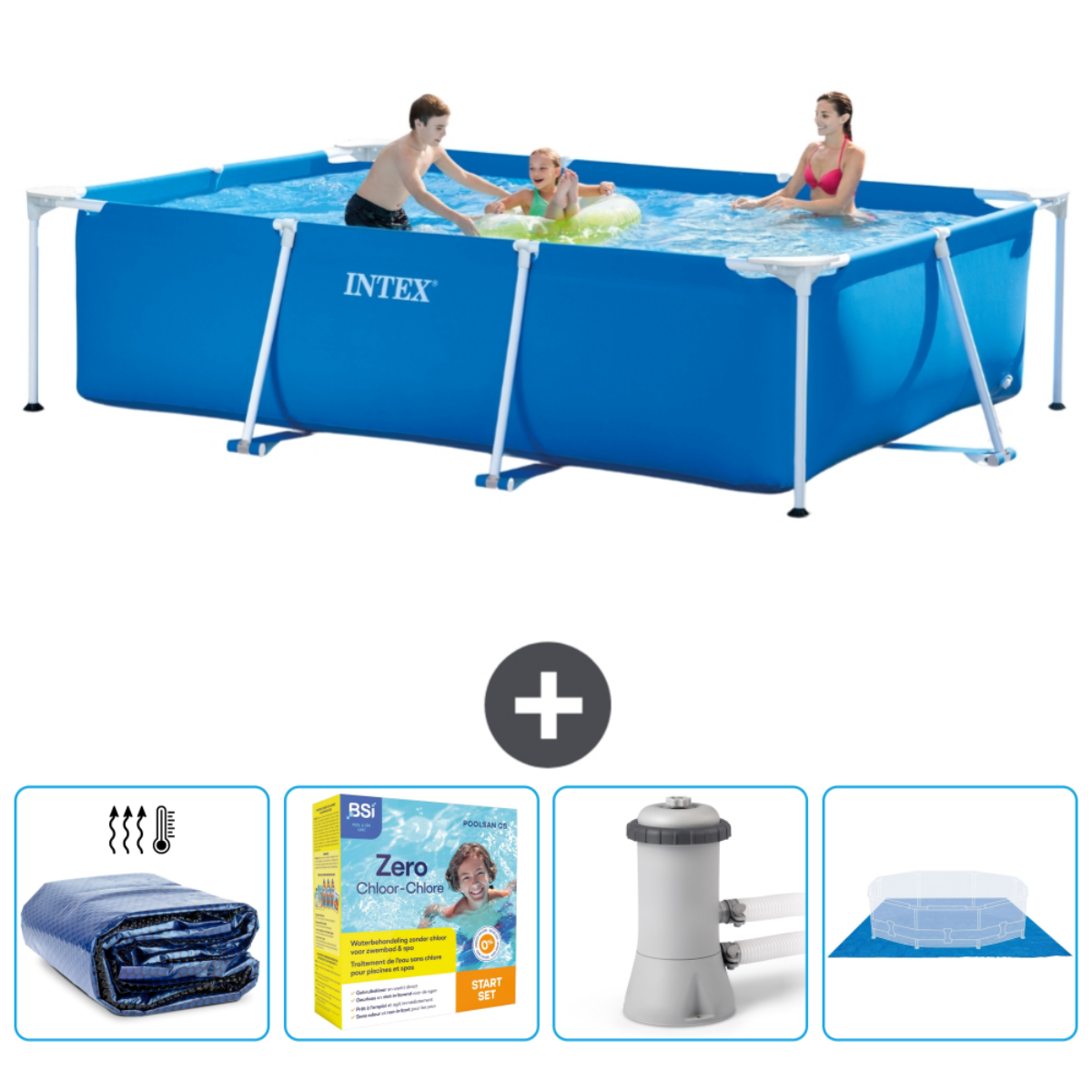 Familie in blauw rechthoekig zwembad met accessoires. Inclusief afdekking, chemicaliën en filter.