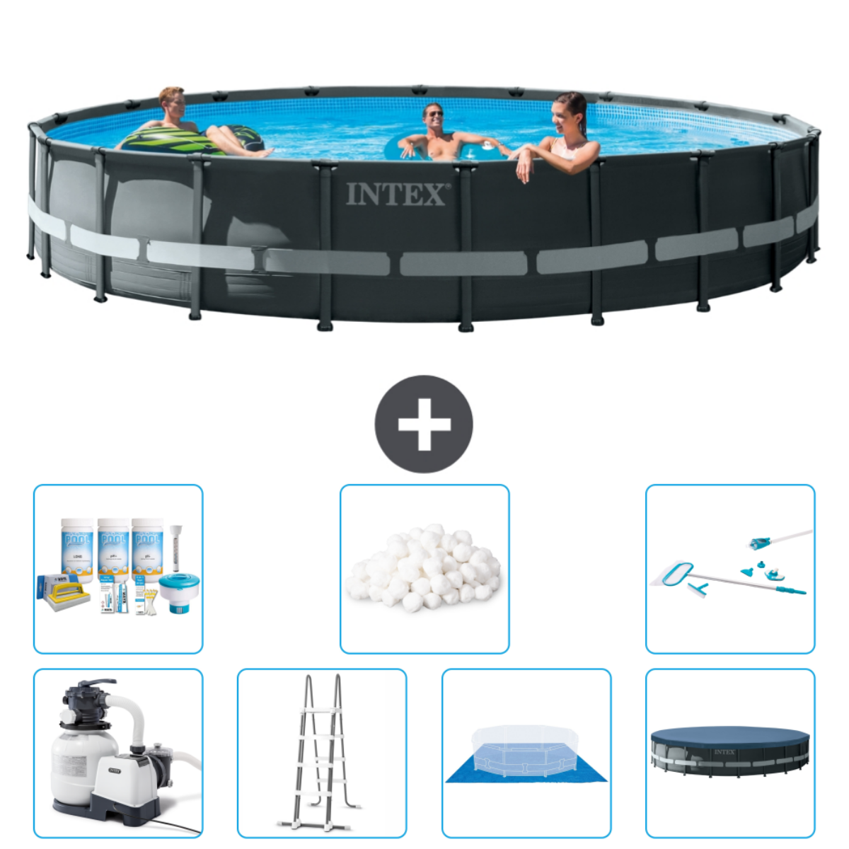 Zwembad met mensen erin en accessoires. Inclusief pomp, ladder en reinigingsset.