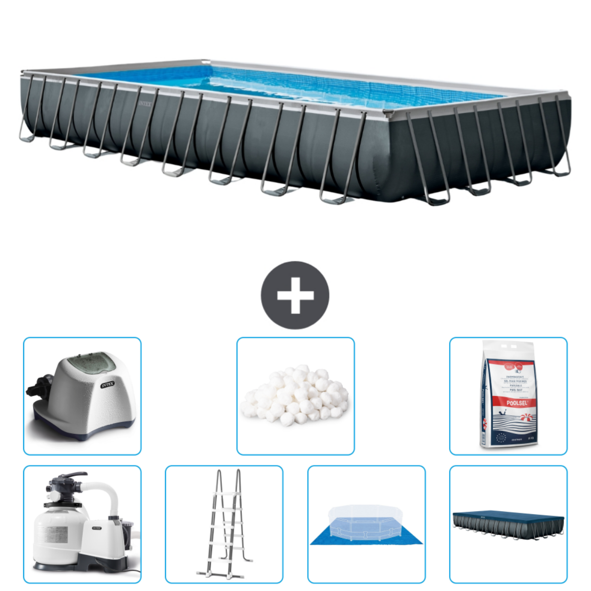 Rechthoekig zwembad met accessoires. Grijs frame, water binnenin. Accessoires voor het schoonmaken.