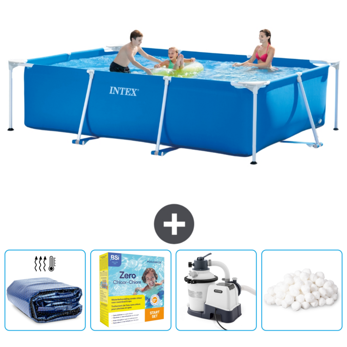 Family in a rectangular blue Intex pool with accessories: cover, chemicals, filter, and cleaner.
