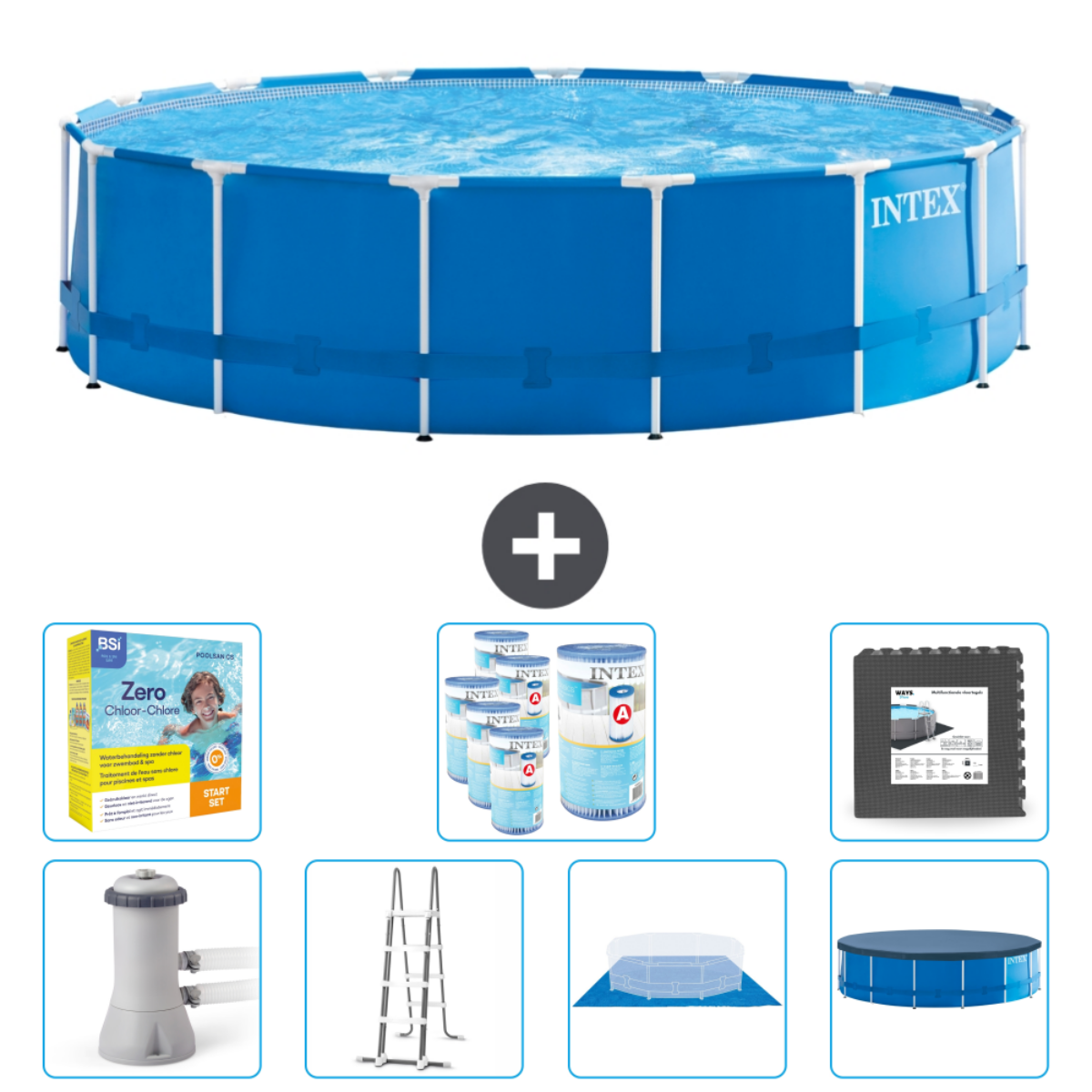 Piscine bleue avec accessoires. Inclut produits chimiques, filtre, échelle et revêtement de sol.