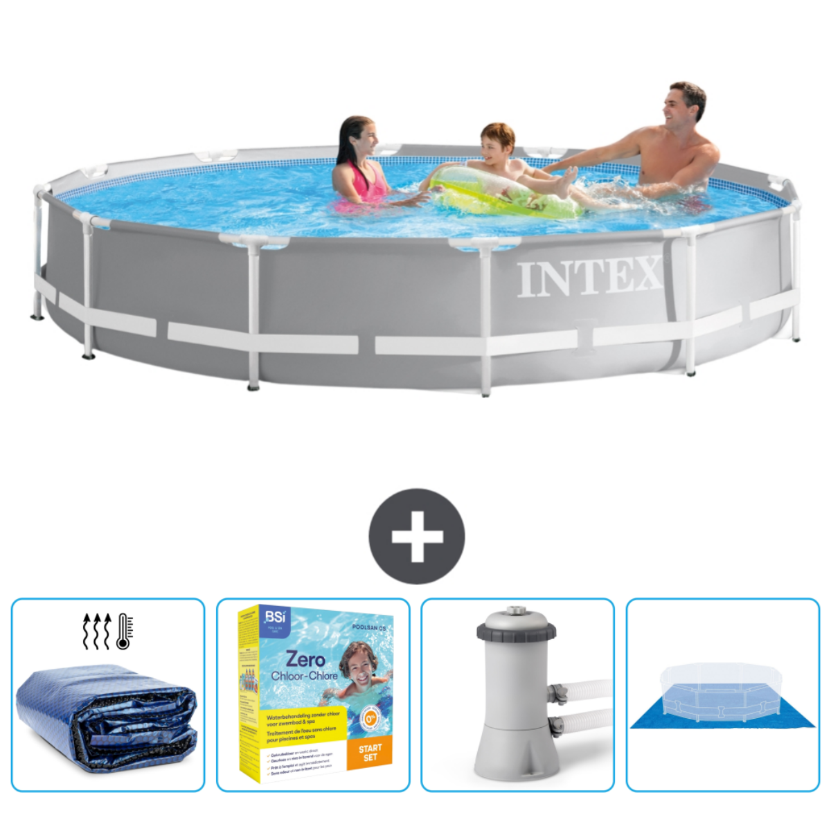 Personnes dans une piscine grise Intex. Accessoires: couverture, tablettes de chlore, pompe et filtre.
