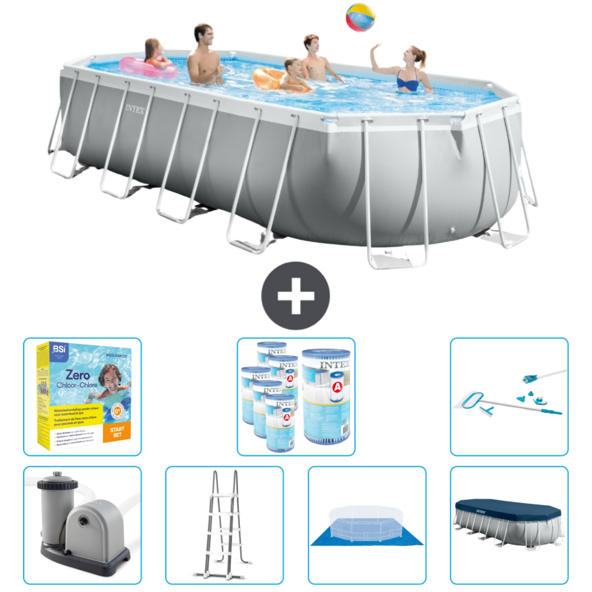 People playing in a pool. Rectangular Intex pool with accessories, including filter, ladder, and cleaning kit.