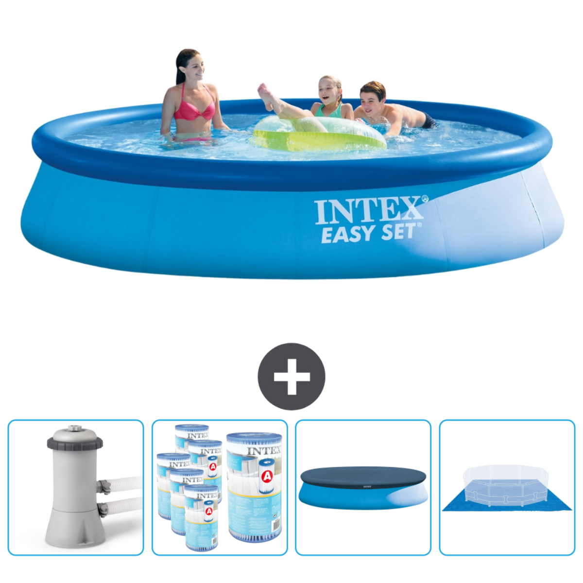 Leute in einem Pool. Zubehör umfasst Pumpe, Chemikalien, Abdeckung und Leiter.