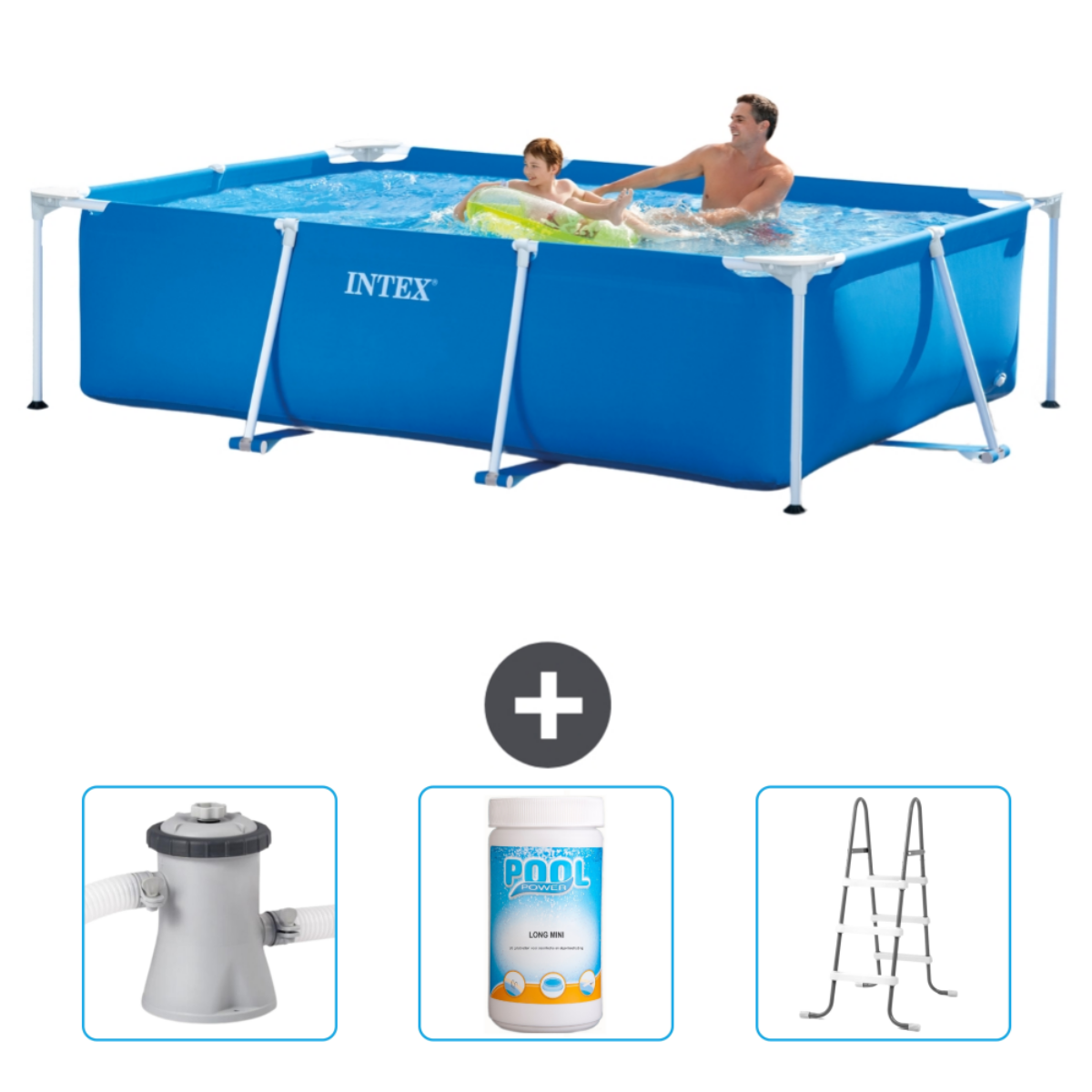 Menschen in einem blauen rechteckigen Pool mit Zubehör. Ein Pluszeichen trennt den Pool und das Zubehör.