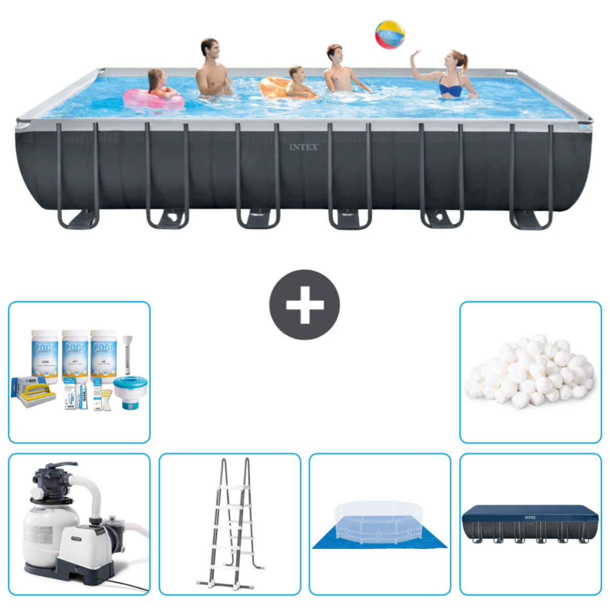 Piscine rectangulaire avec des gens nageant, plus produits chimiques, pompe et échelle.