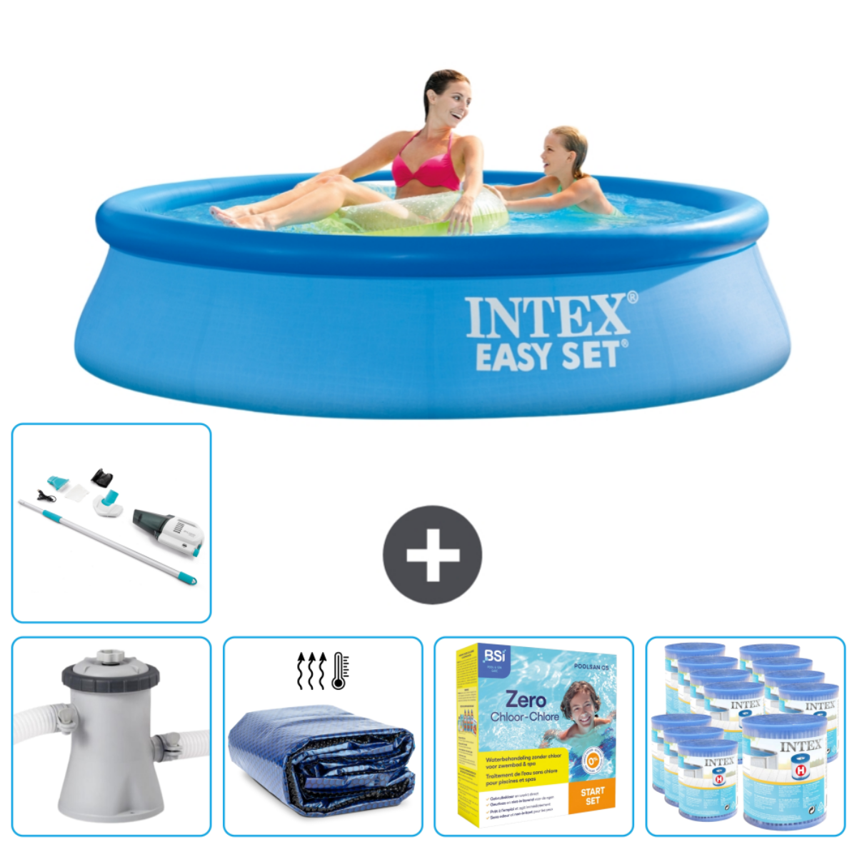 Twee vrouwen in een Intex Easy Set zwembad. Accessoires getoond.