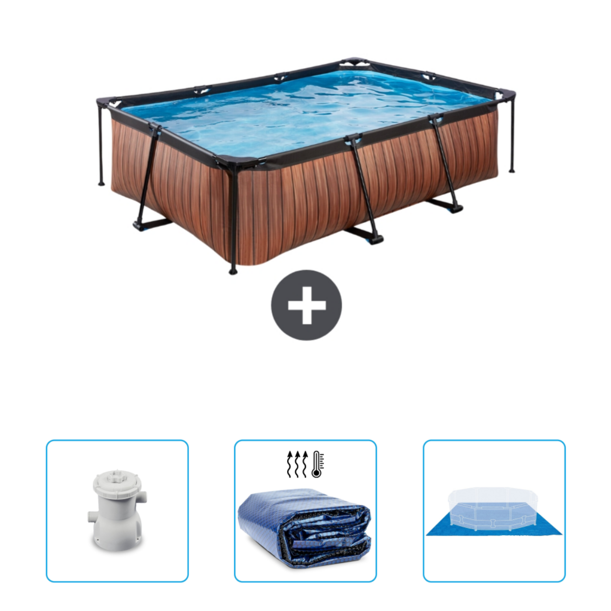 Rechthoekige pool in houten stijl met accessoires. Inclusief filterpomp, afdekking en grondzeil.
