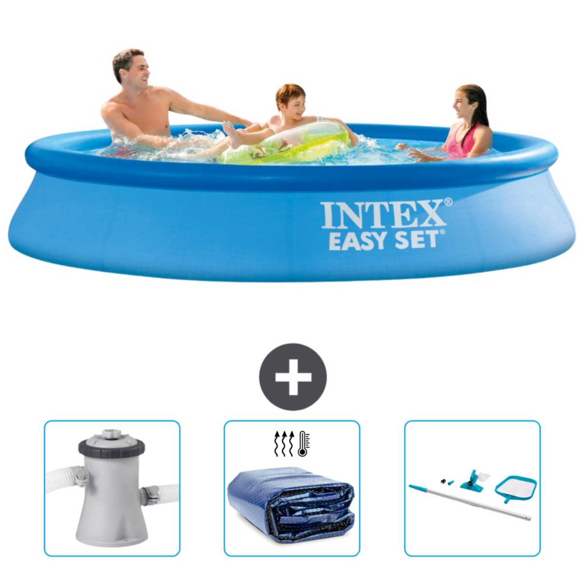 Blauer aufblasbarer Pool mit Personen. Enthält Pumpe, Abdeckung und Reinigungsset.