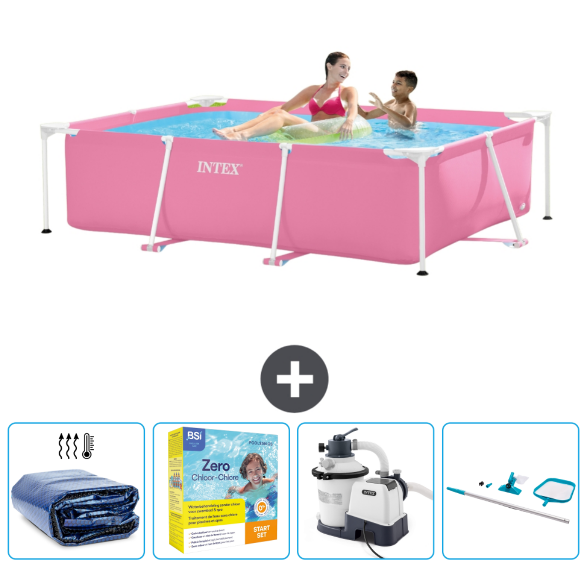 Rosa Pool mit Personen und Zubehör. Menschen im Pool. Pluszeichen. Abdeckung, Chemikalien, Pumpe und Matte werden gezeigt.