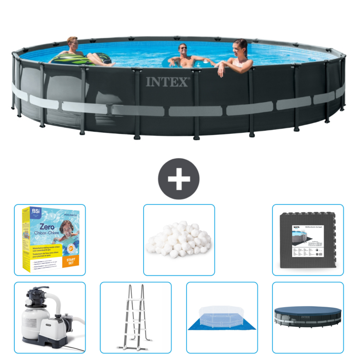 Piscine ronde grise et blanche avec des gens, plus des accessoires. Les gens nagent.