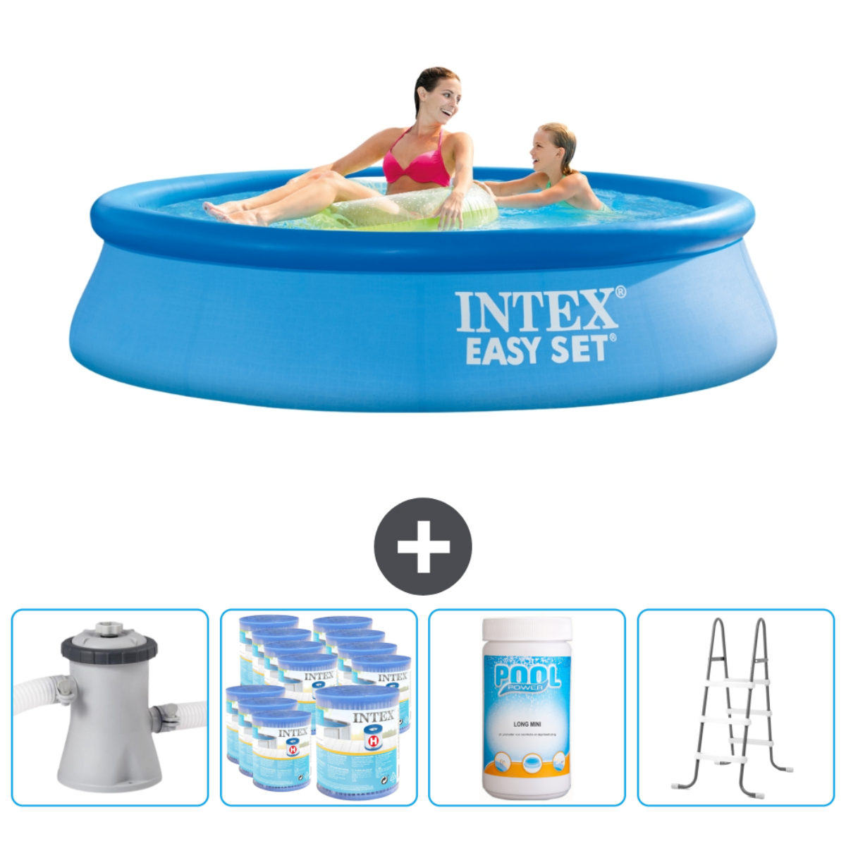 Piscine bleue Intex Easy Set avec deux personnes à l'intérieur. Accessoires comme une pompe et une échelle.