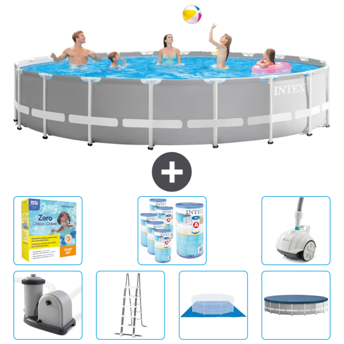 Mensen spelen in grijs zwembad. Inclusief chemicaliën, filter, ladder, stofzuiger en afdekking.
