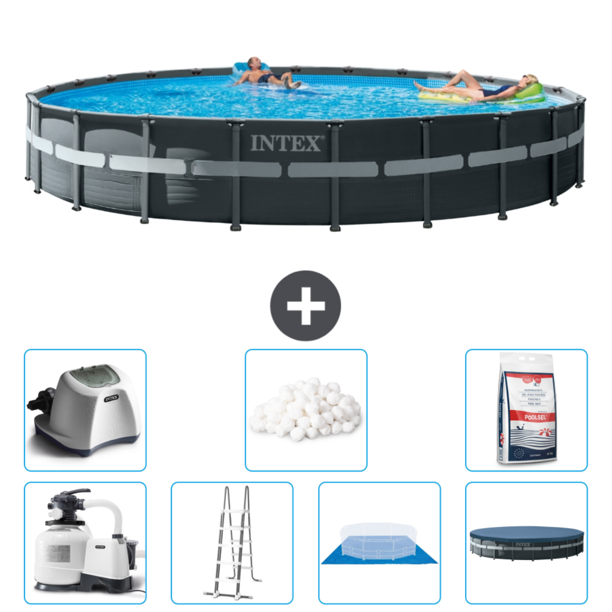 Piscine Intex noire avec deux personnes. Accessoires: filtre, échelle, couverture et kit de nettoyage de piscine.