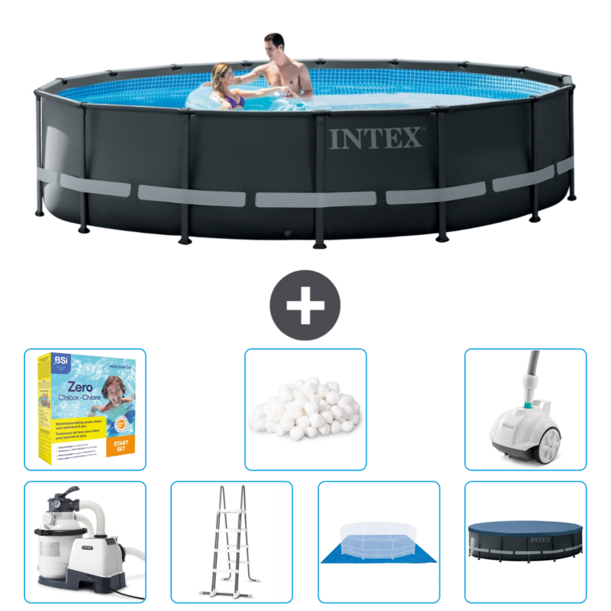 People in a dark Intex pool. Accessories include chlorine tablets, ladder, cover, and pump.