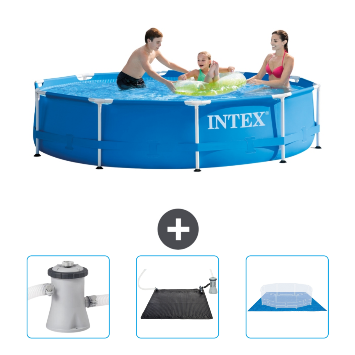 Des gens dans une piscine. Accessoires: filtre, tapis solaire et couverture.