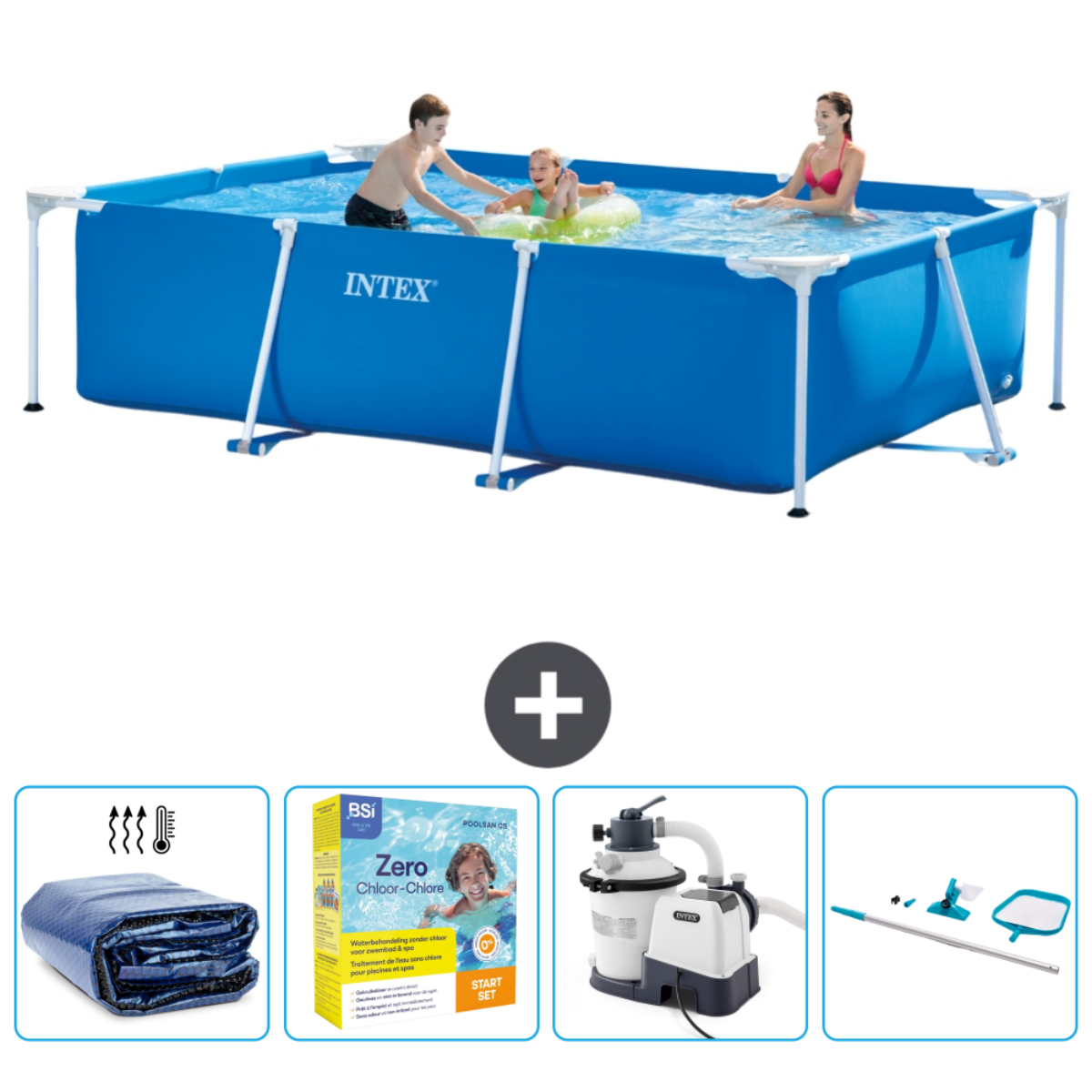 Menschen schwimmen in einem Intex-Pool. Inklusive Poolabdeckung, Reinigungszubehör und Filtersystem.