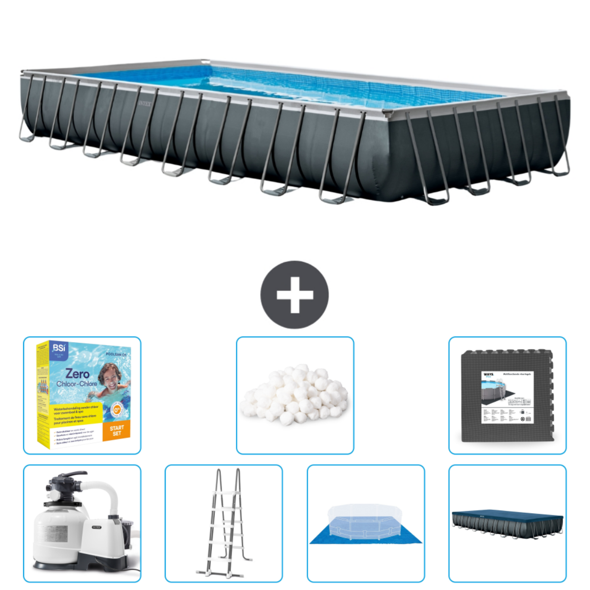Rechthoekig zwembad met accessoires: pomp, chloortabletten, ladder en mat.