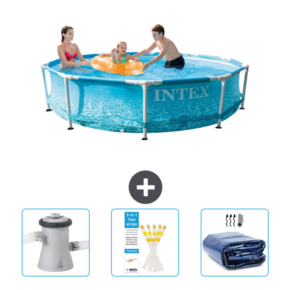 Mensen in een blauwe rechthoekige pool met accessoires. Een plusteken scheidt de pool en de accessoires.