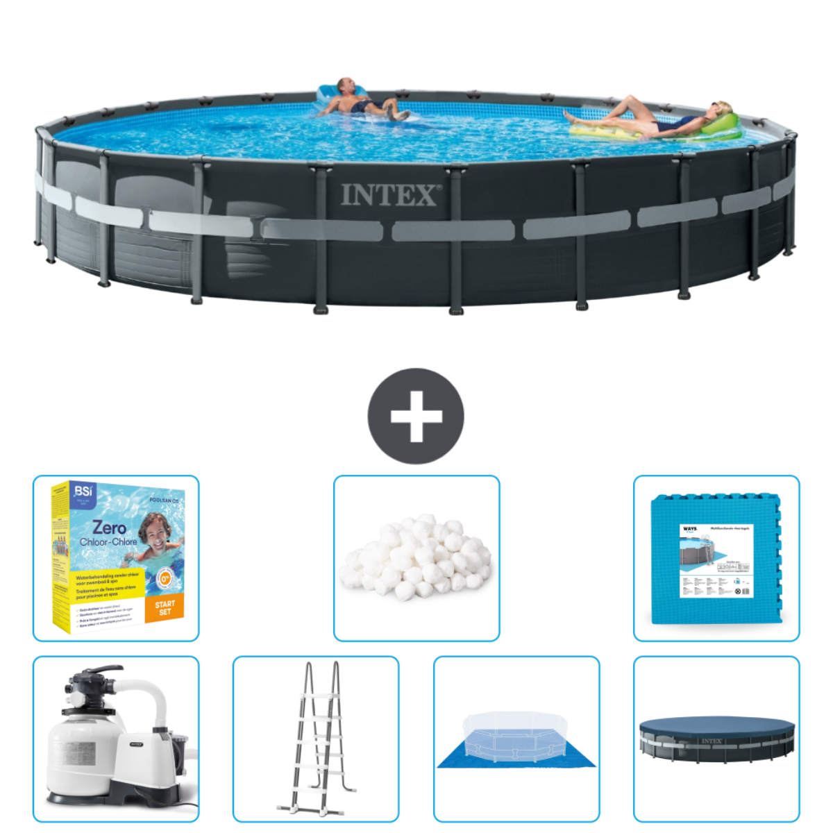 Dark gray pool with Intex logo and accessories. People swimming.  Ladder, chemicals etc.