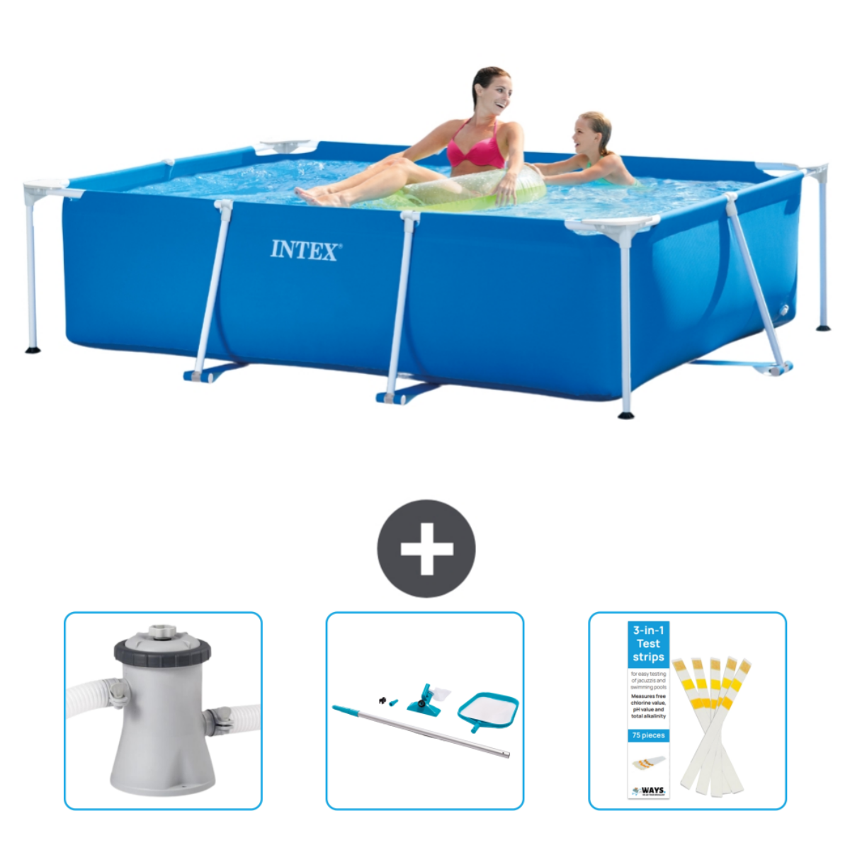 Rechteckiger Pool mit Personen und Zubehör. Enthält Pumpe, Reinigungsset und Teststreifen.
