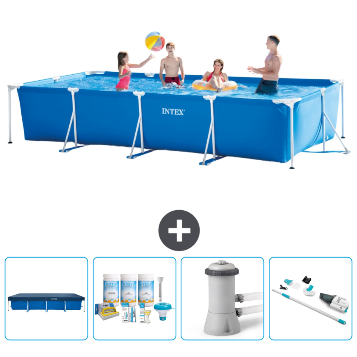 Mensen in een blauwe rechthoekige pool met accessoires. Een plusteken scheidt de pool en de accessoires.