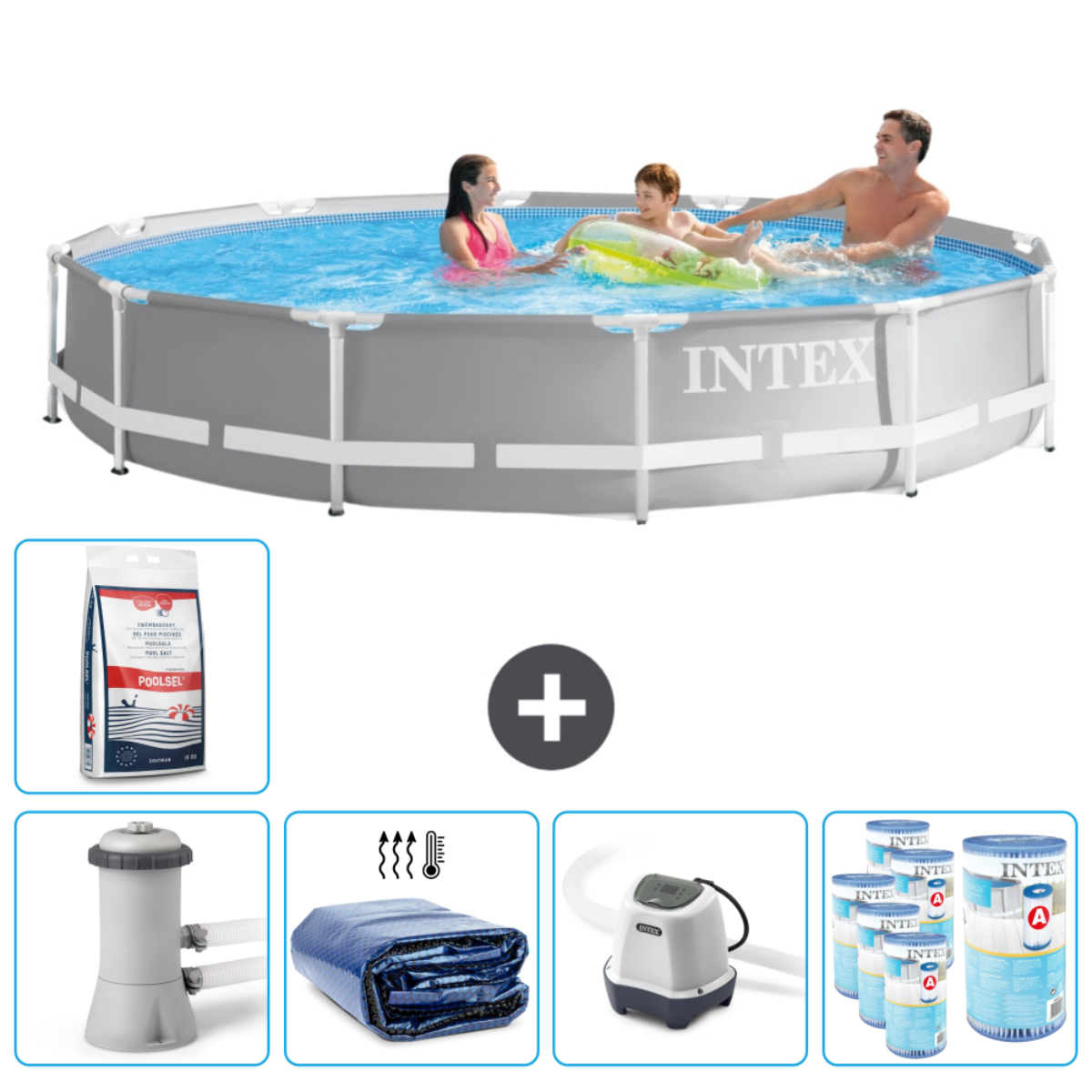 Familie in een Intex zwembad. Accessoires: chemicaliën, filter, afdekzeil en luchtpomp.