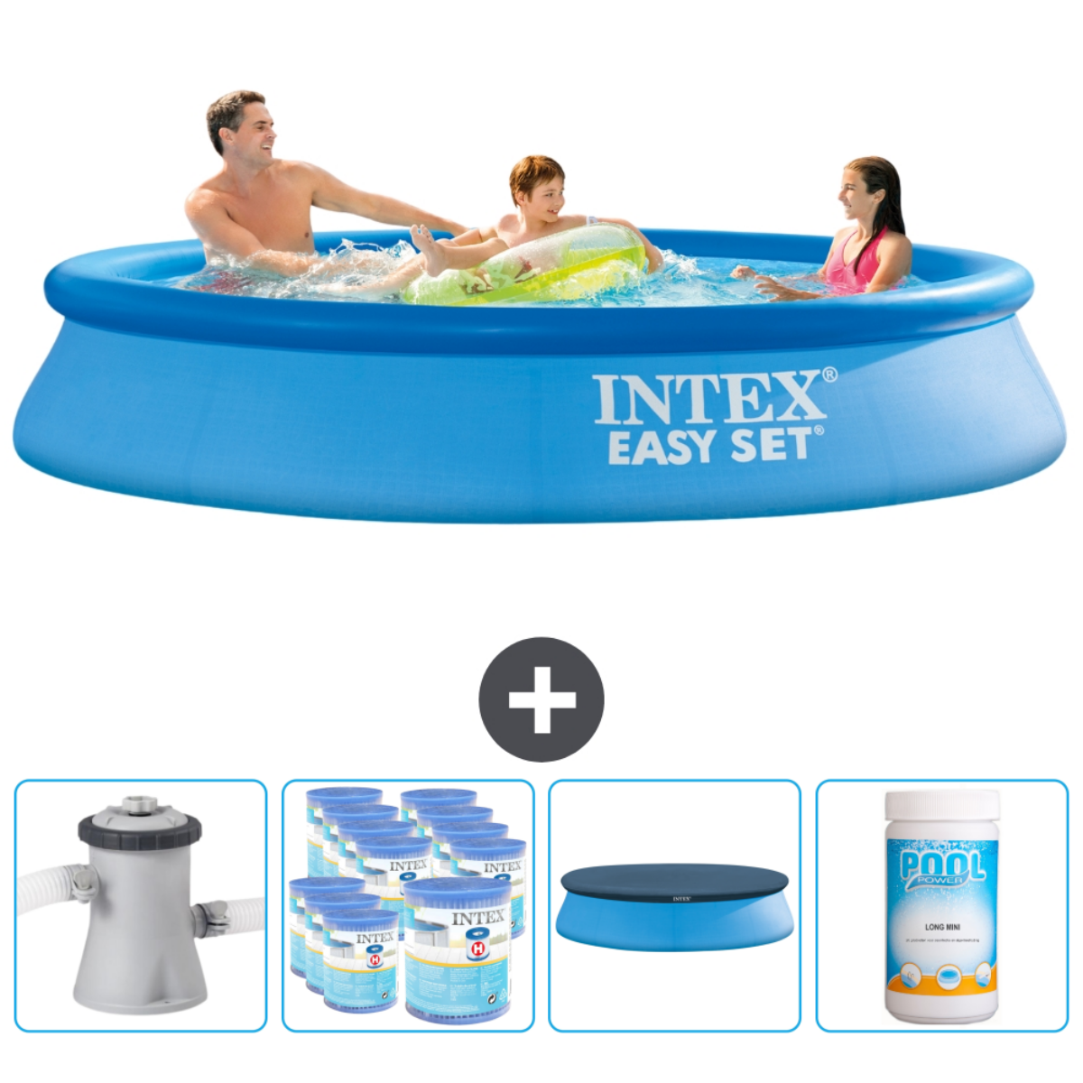 Famille dans une piscine bleue Intex. Accessoires: filtre, couverture, tablettes de chlore et pompe.