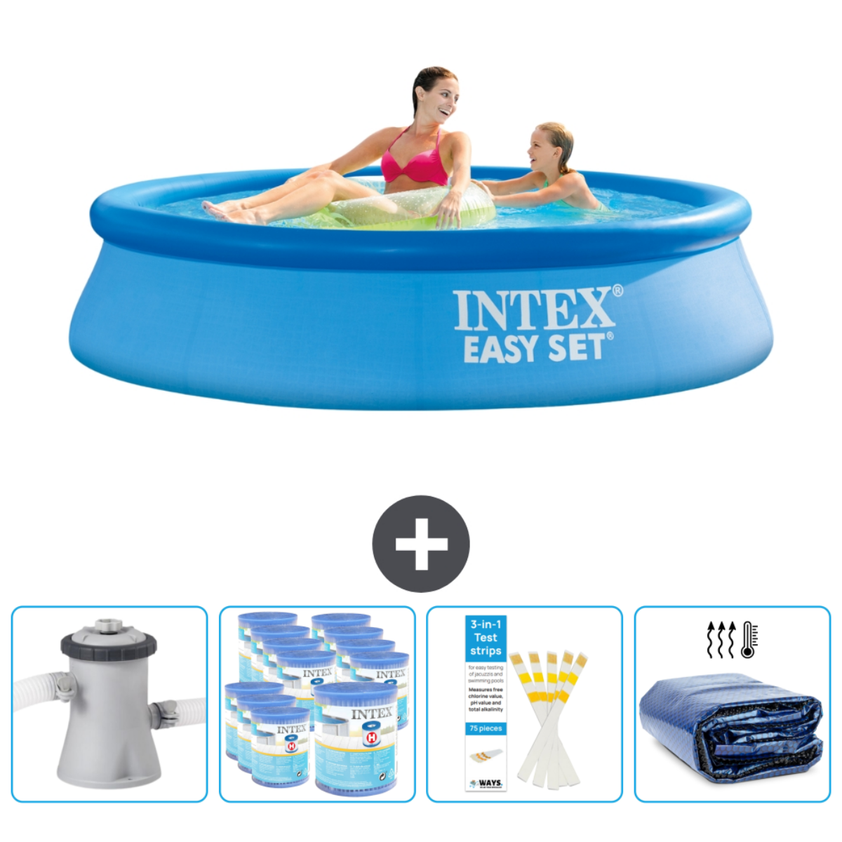 Blauer aufblasbarer Pool mit Personen, plus Zubehör und Chemikalien.