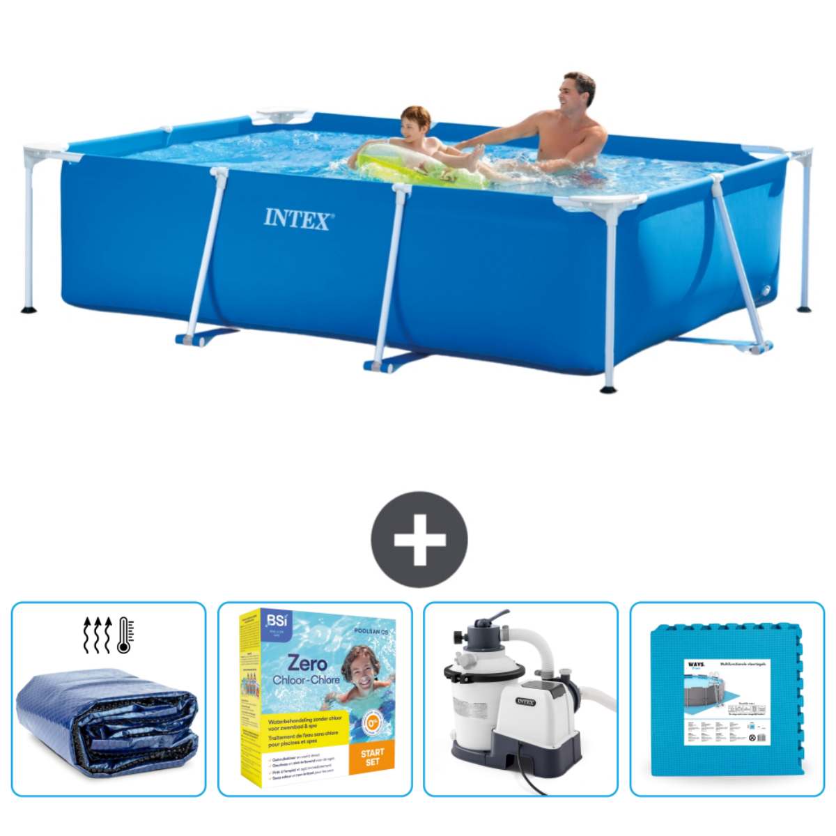 Blue pool with people, and accessories: cover, chlorine, filter, and mats. People are enjoying.