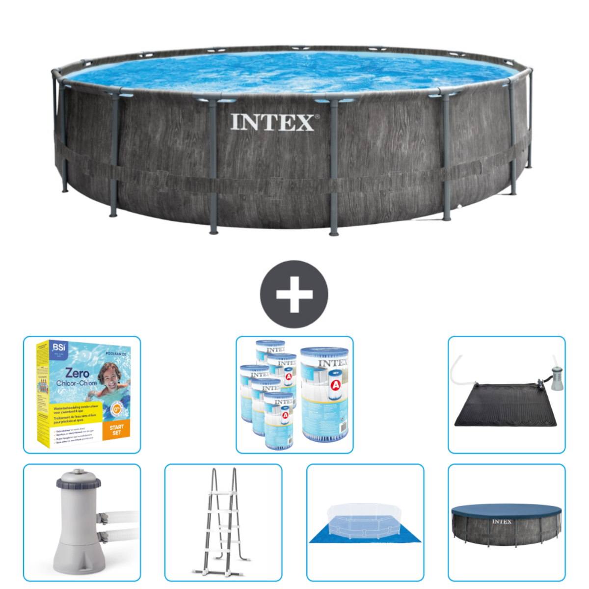 Dark gray wood-look pool. Intex logo. Accessories: chemicals, ladder, filter, cover, etc.