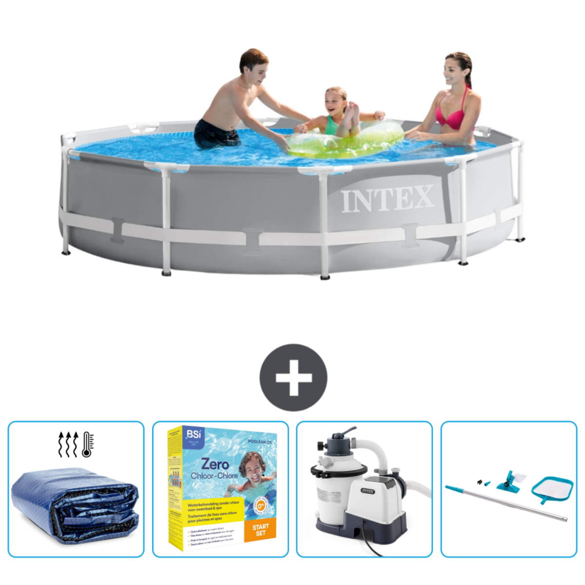 Leute in einem Pool. Zubehör: Abdeckung, Chemikalien, Filter und Reinigungsset.