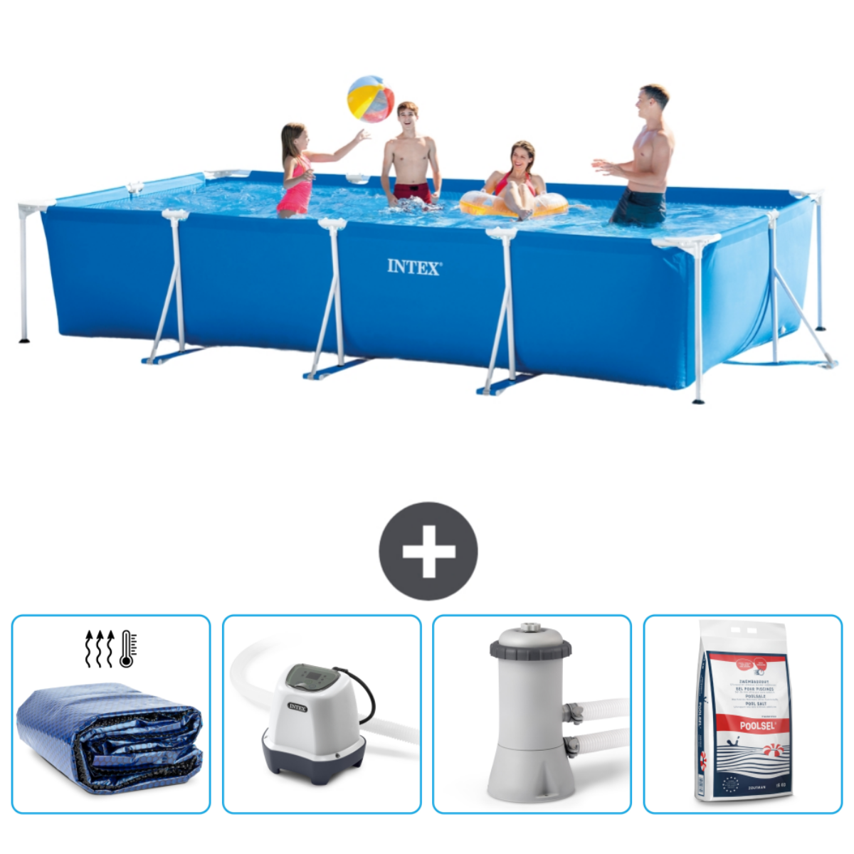 Blauw rechthoekig zwembad met mensen. Inclusief afdekzeil, pomp en chemicaliën. Mensen zwemmen en spelen.