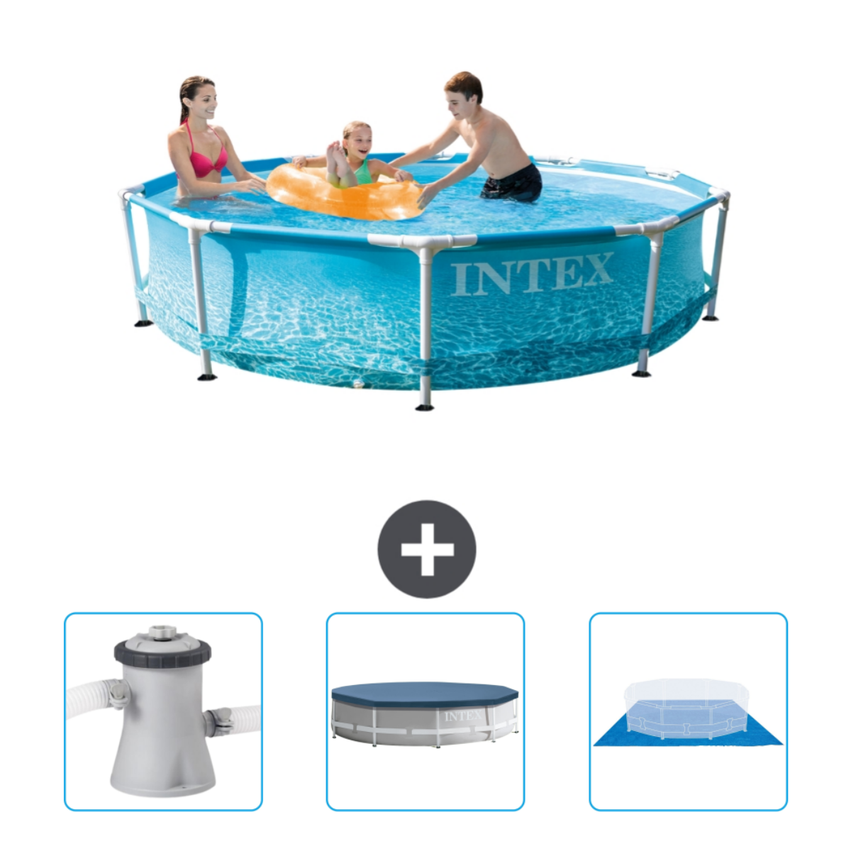Piscine bleue avec personnes et accessoires. Personnes dans la piscine. Signe plus. Pompe, bâche et tapis sont présentés.