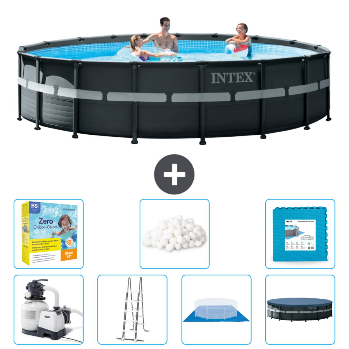 Family in Intex pool. Accessories include chemicals, filter, ladder, mat, and cover.