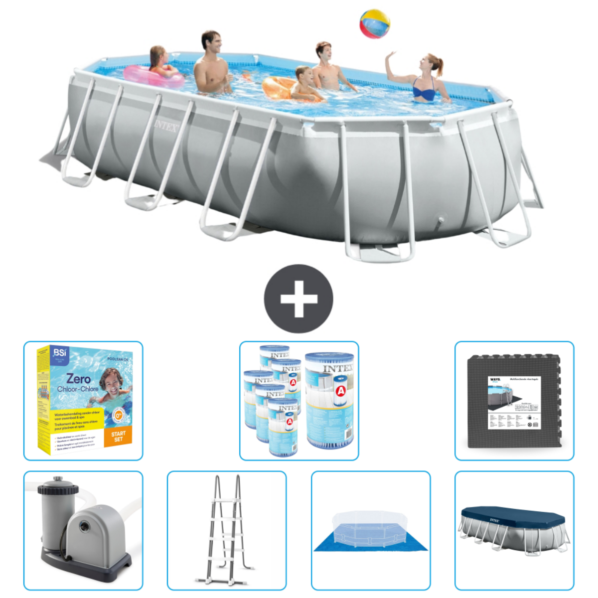 People playing in a rectangular gray Intex pool with accessories: chemicals, ladder, and cover.