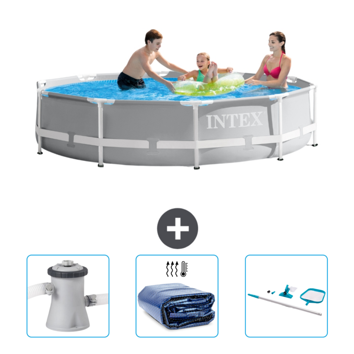 Grijs Intex zwembad met drie personen. Accessoires: filter, een afdekzeil en een zwembad reinigingsset.