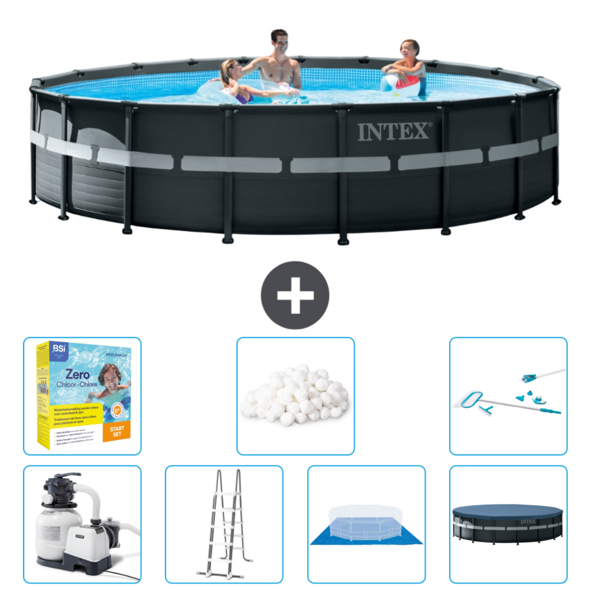 Zwembad met mensen en accessoires. Inclusief pomp, ladder, reinigingsset en teststrips.