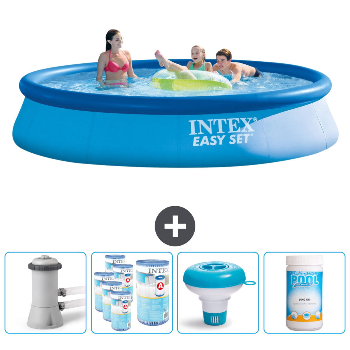 Familie in Intex Easy Set zwembad. Zwembadaccessoires onderaan.