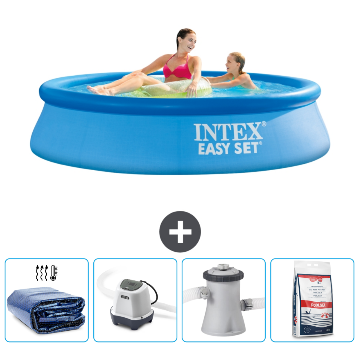 Deux femmes dans une piscine Intex bleue. Accessoires : couverture, pompe, filtre et produits.