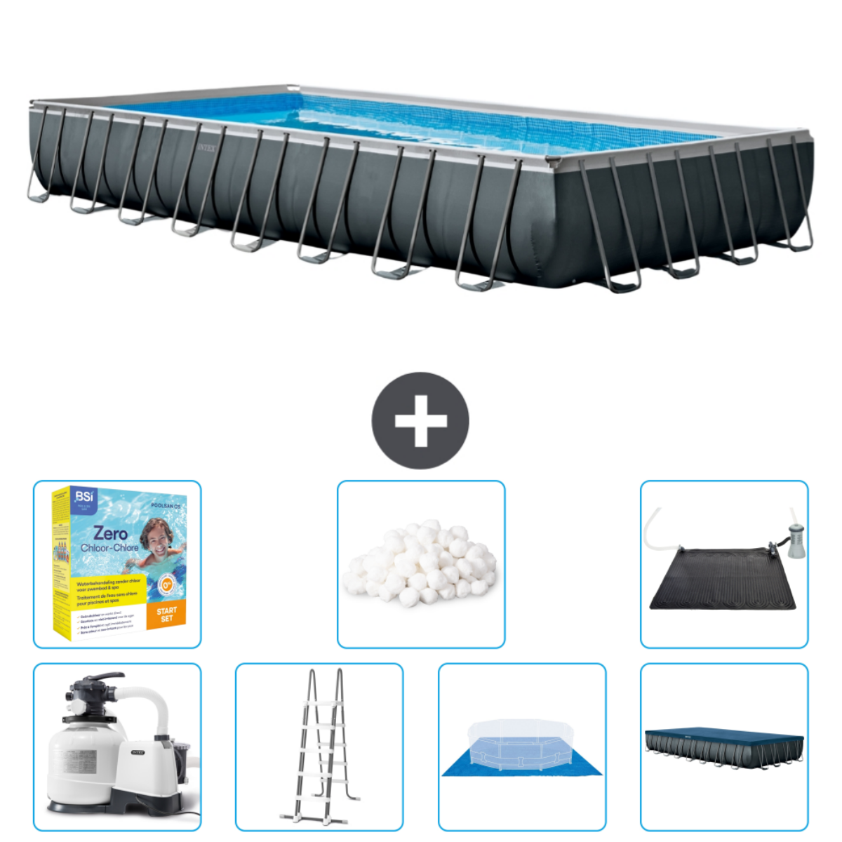 Piscine rectangulaire grise Intex avec: produits chimiques, échelle, bâche et filtre.
