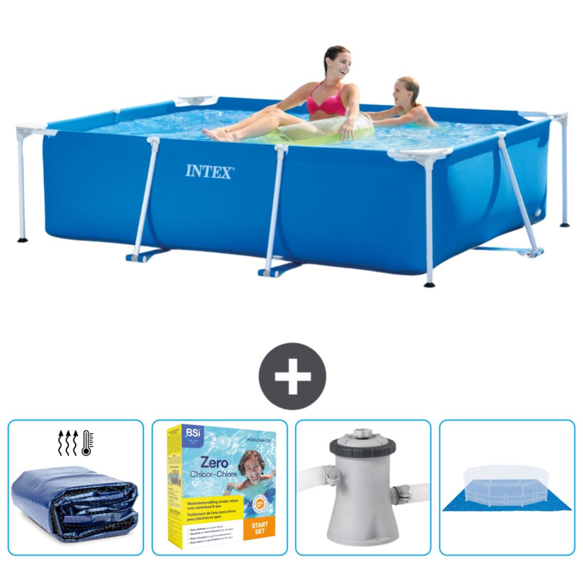 Gens dans piscine rectangulaire bleue. Comprend bâche, produits chimiques, pompe et filtre.