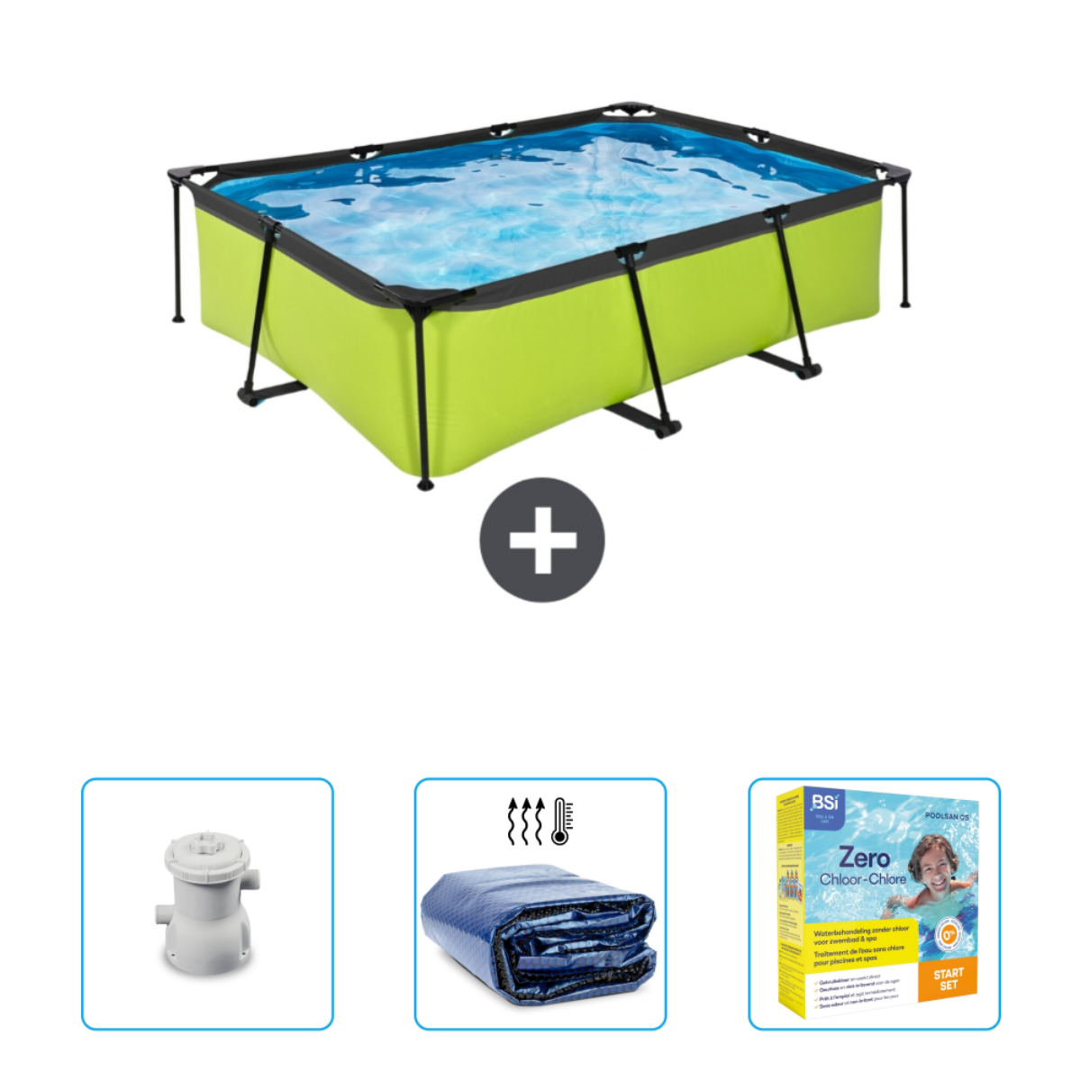 Piscine rectangulaire verte avec cadre noir, accessoires en dessous.