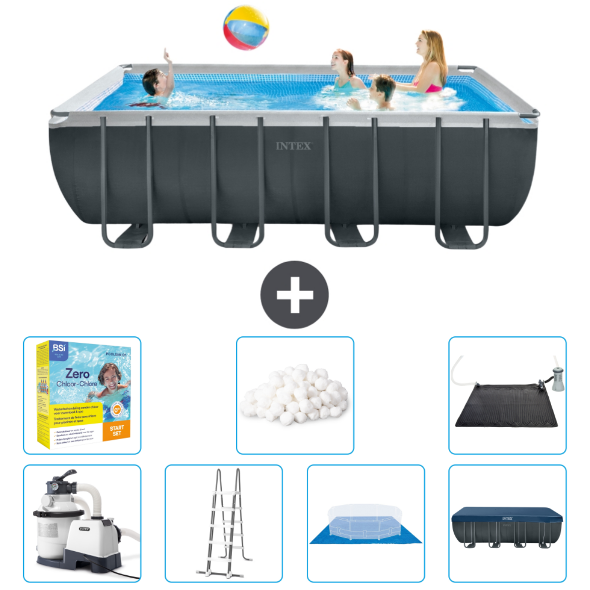Piscine grise avec personnes et accessoires. Personnes dans la piscine. Signe plus. Produits chimiques, balles, pompe, échelle, tapis et bâche sont présentés.