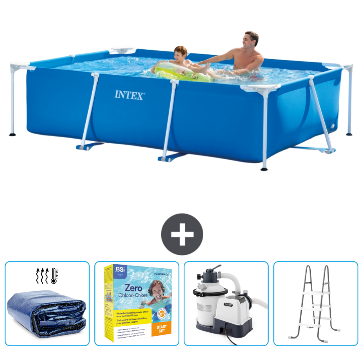 Rechteckiger Pool mit Mann und Kind, Zubehör wie Abdeckung, Chemikalien, Leiter.
