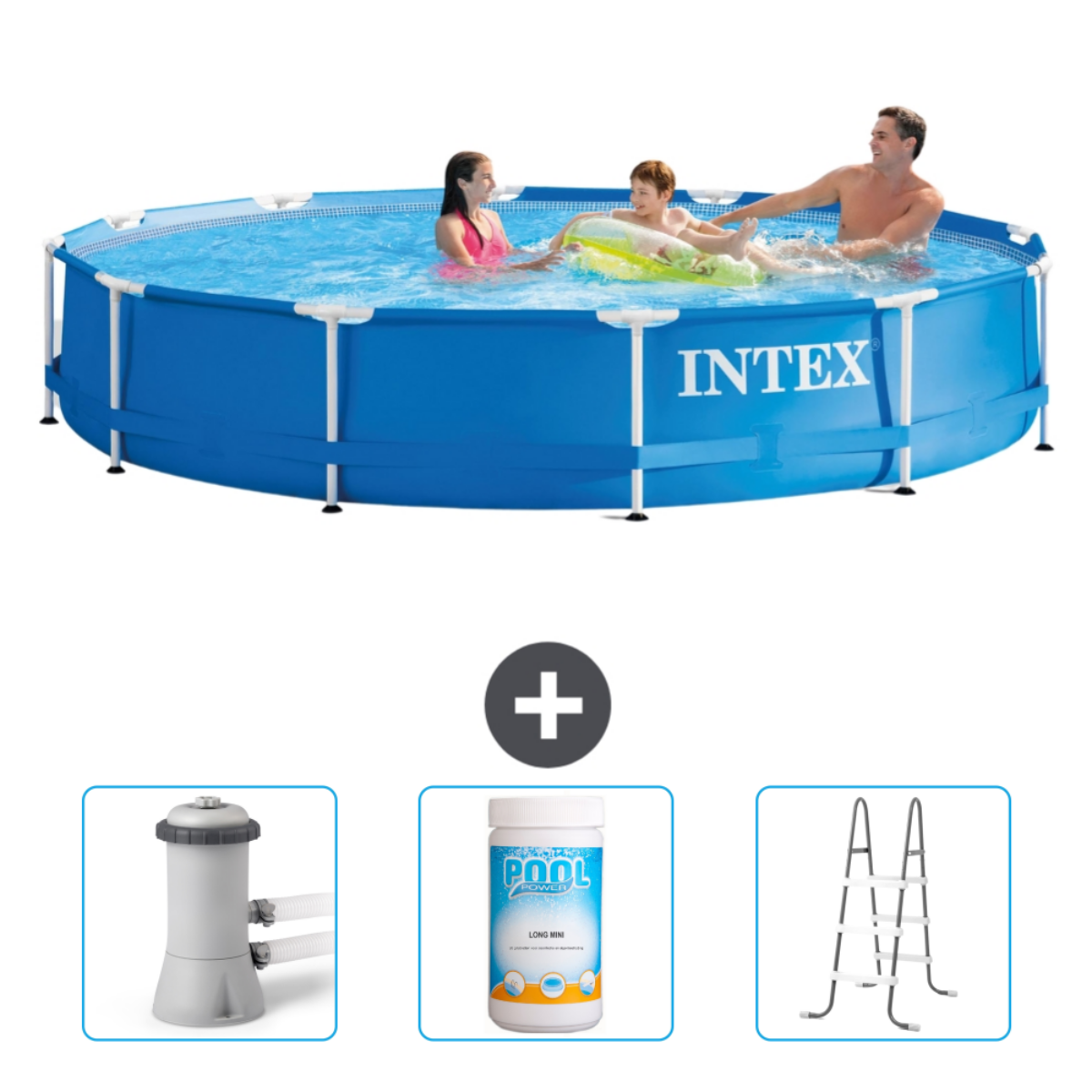 Menschen in blauem Pool. Enthält Filter, Chemikalien und Leiter.