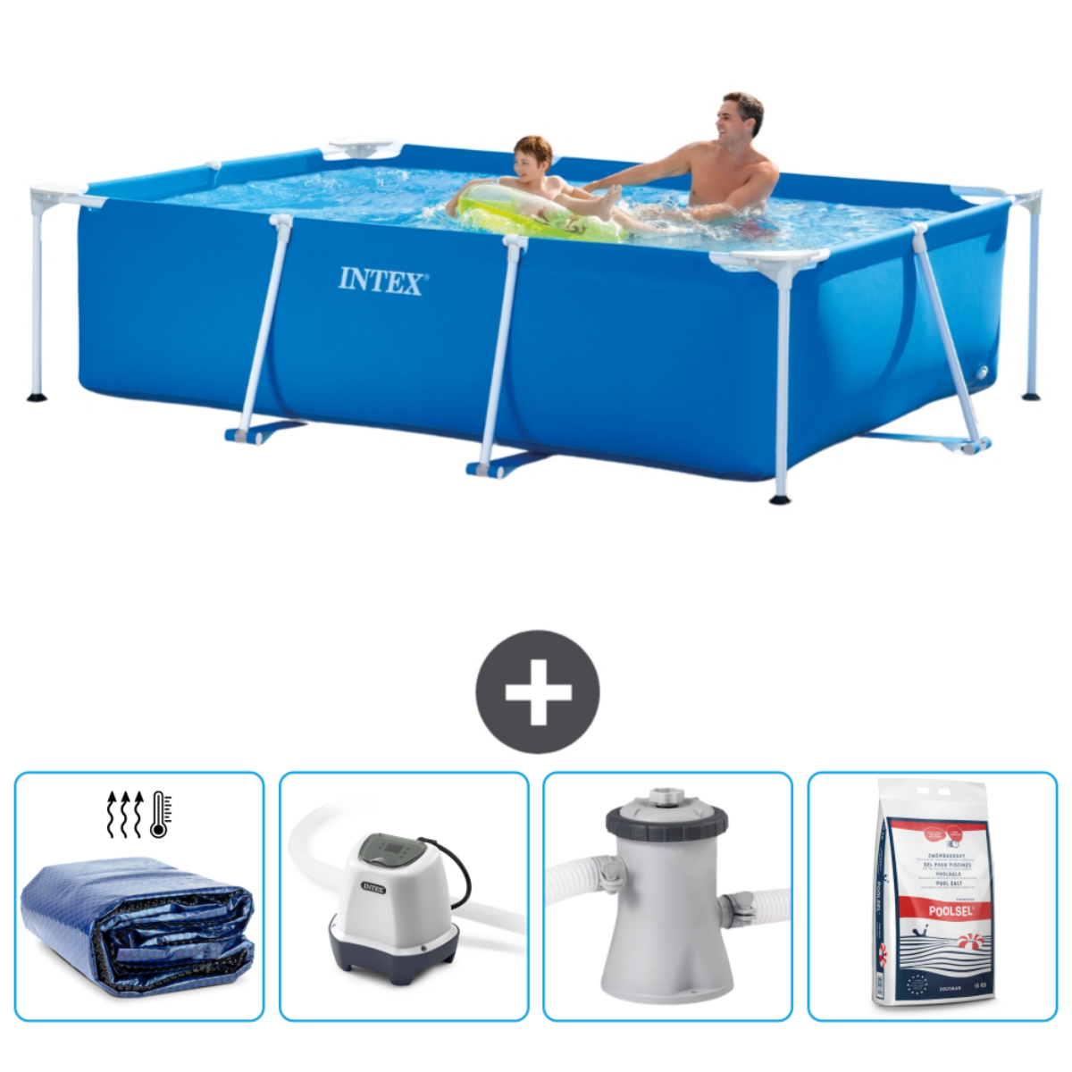 Famille dans piscine rectangulaire Intex. Accessoires en dessous.