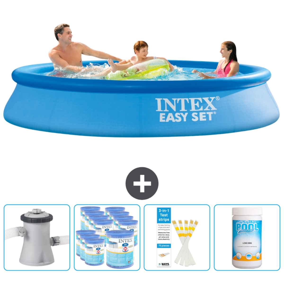Familie in een blauw Intex zwembad. Accessoires: filter, chemicaliën, strips en chemicaliën.